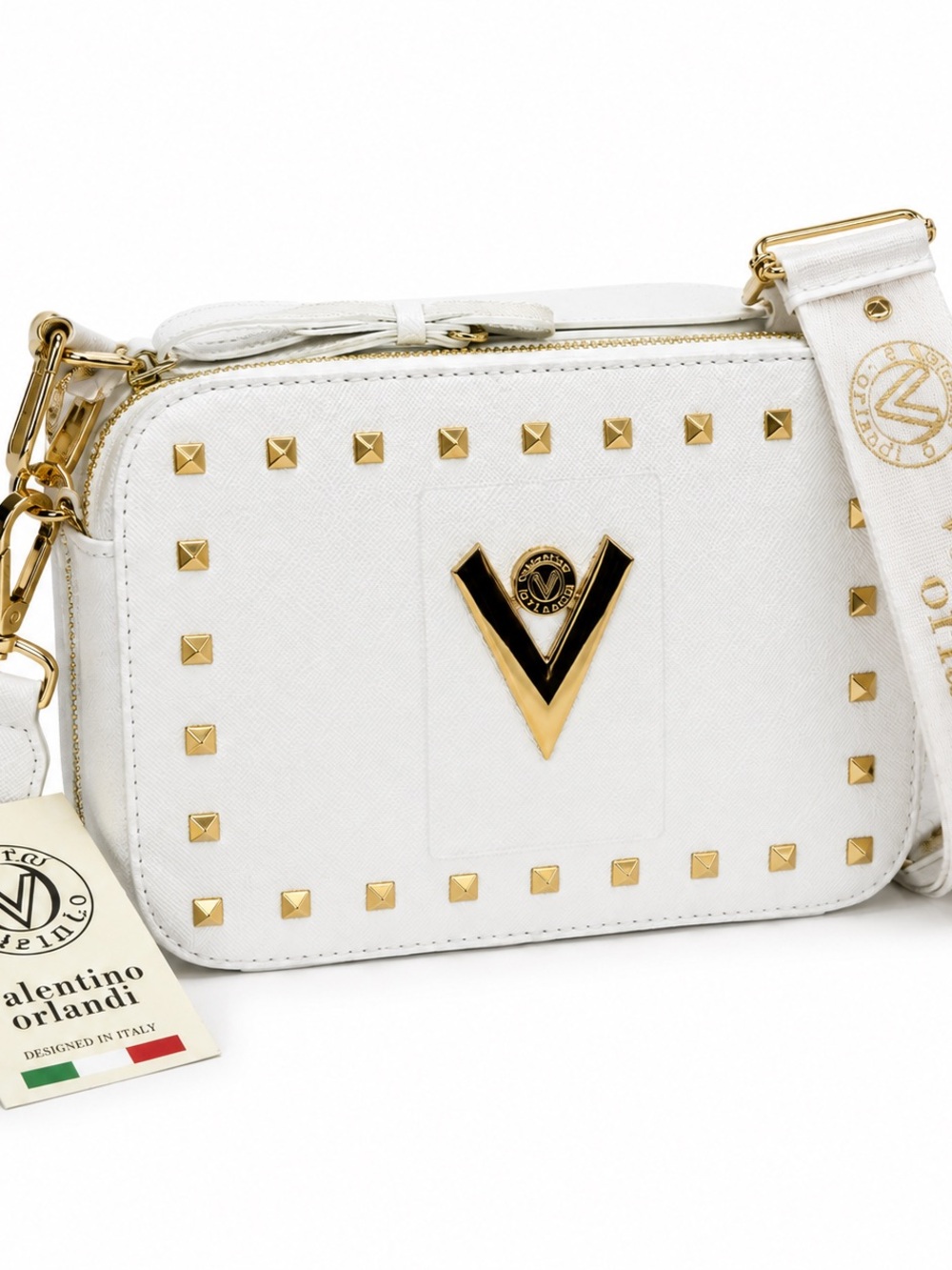 Valentino Orlandi White Gold Studded Camera Crossbody Bag NWT - Picture 7 of 10